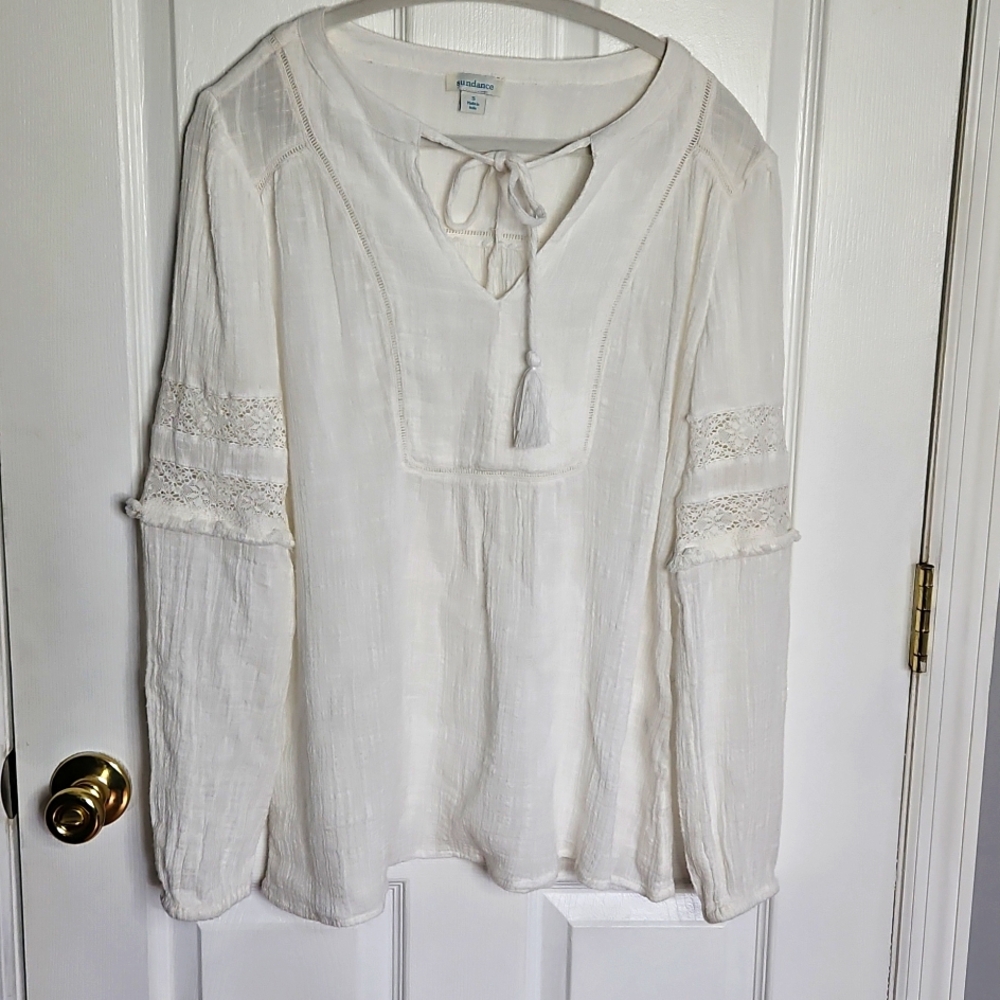 Sundance White Cotton Rayon Embroidered Boho Top Tassels Blouse Tunic Size Smal